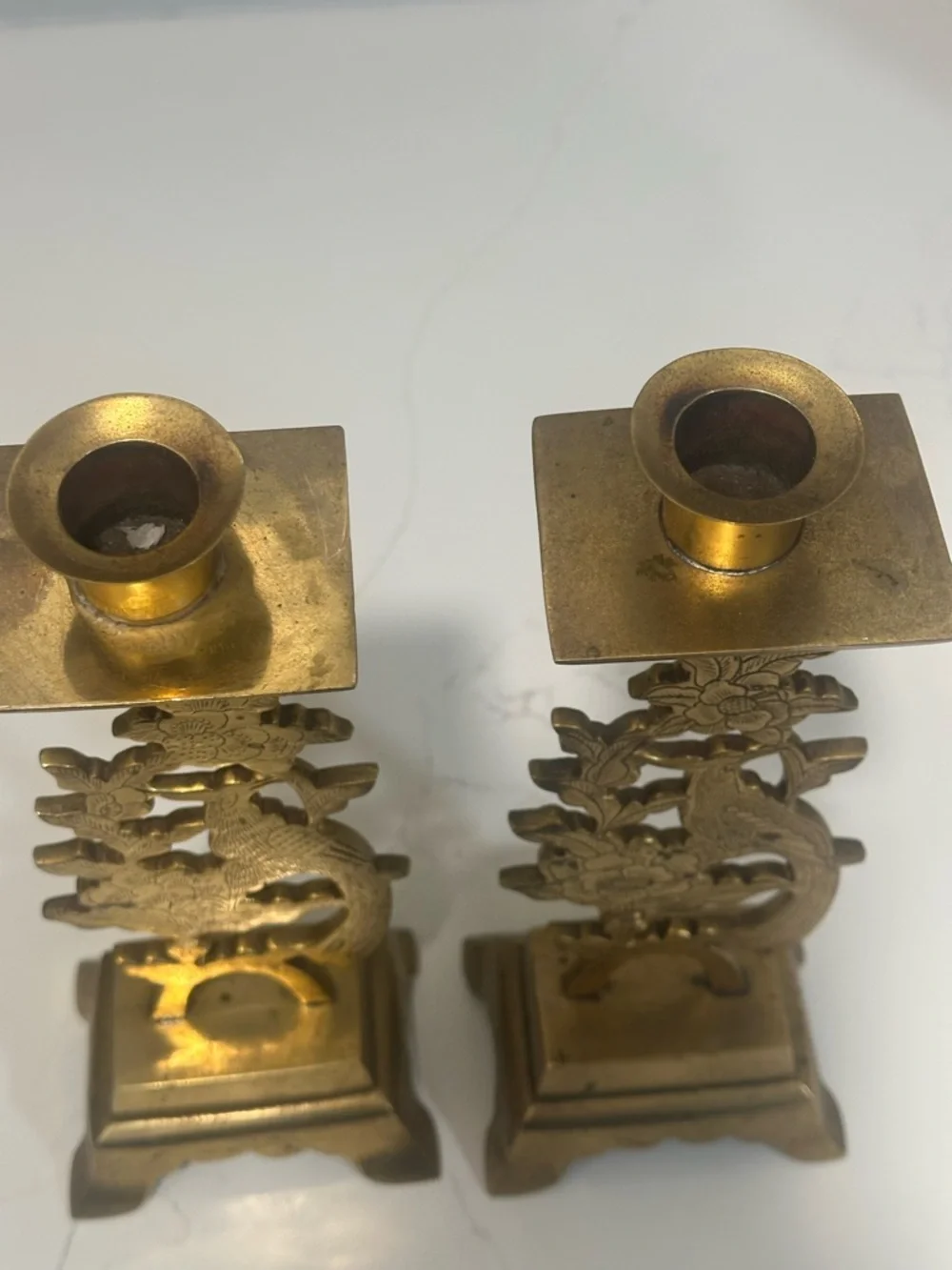 Brass Bird & Floral Candlestick Pair - Gold Decorative Home Accents
